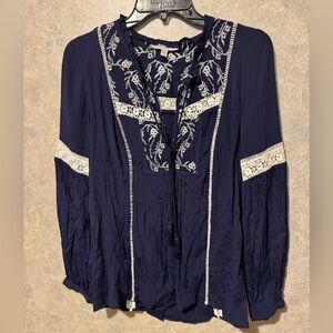 Pale Sky Long Sleeve Boho Top Shirt Blue XS